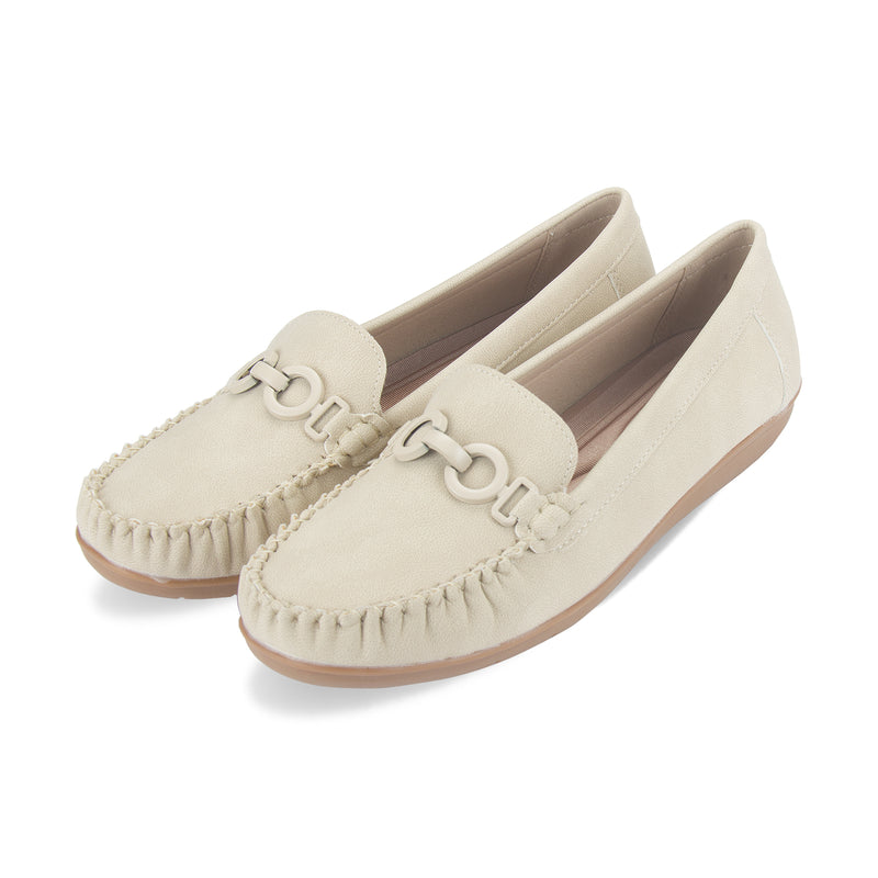 Discover Hattie Metal Loops Buckled Loafer by Pavers England. Elegant shoes for women and stylish ladies shoes. Beige Color. Shop now at shoe shop!