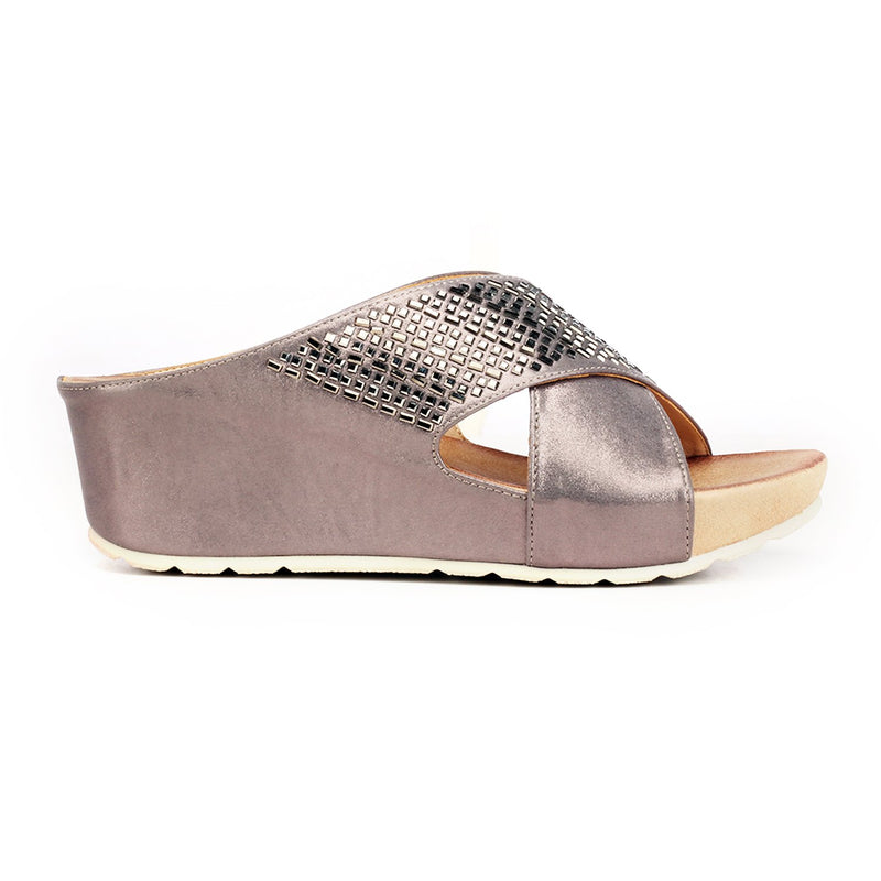 Jewel Embellished Mule Wedges for Women-Pewter