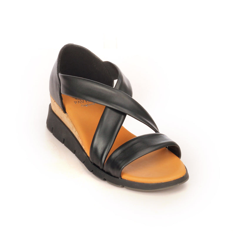 Leather Sandals with Medium Wedge Heel for Women - Black - Sandals - Pavers England