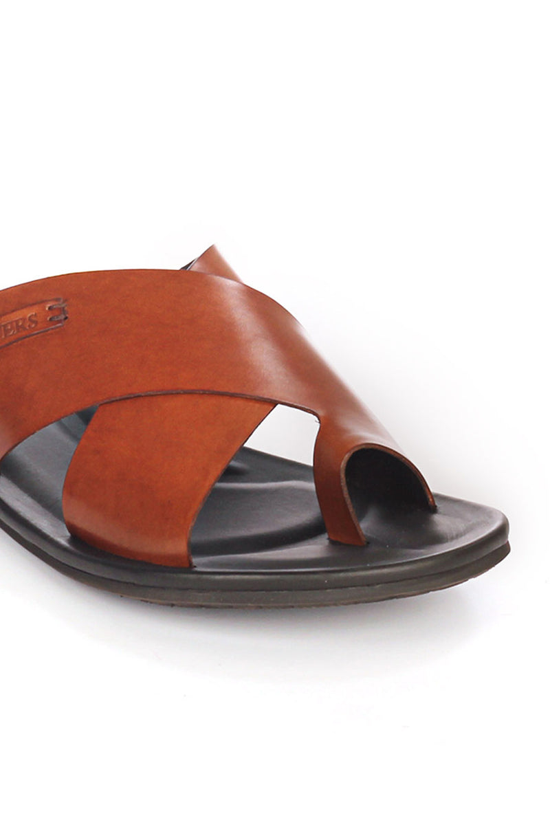 Men’s leather toe-post with low heel - Tan - Open Toe - Pavers England