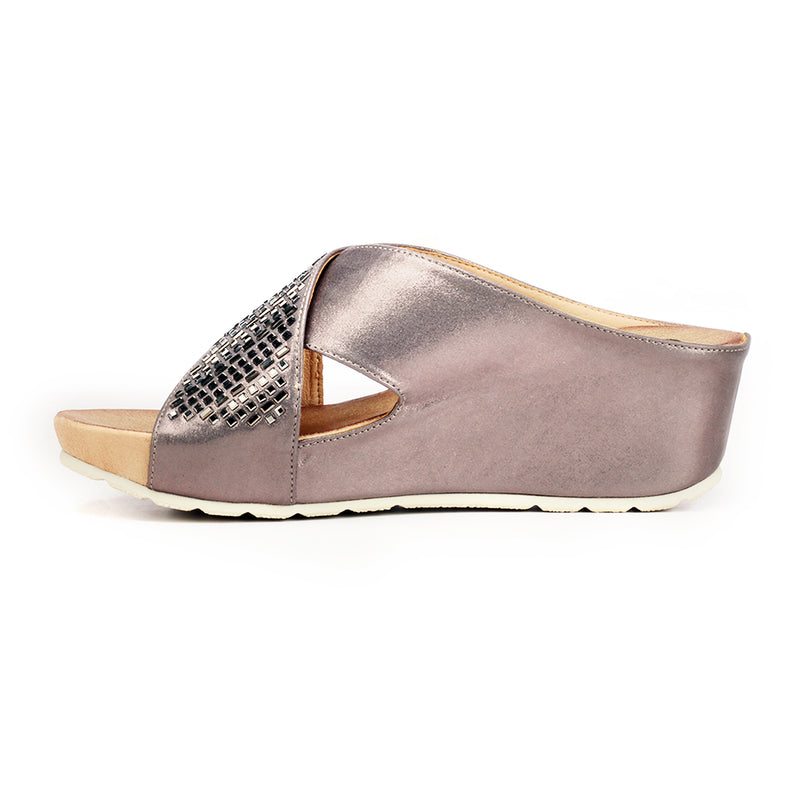 Jewel Embellished Mule Wedges for Women-Pewter - Mules - Pavers England