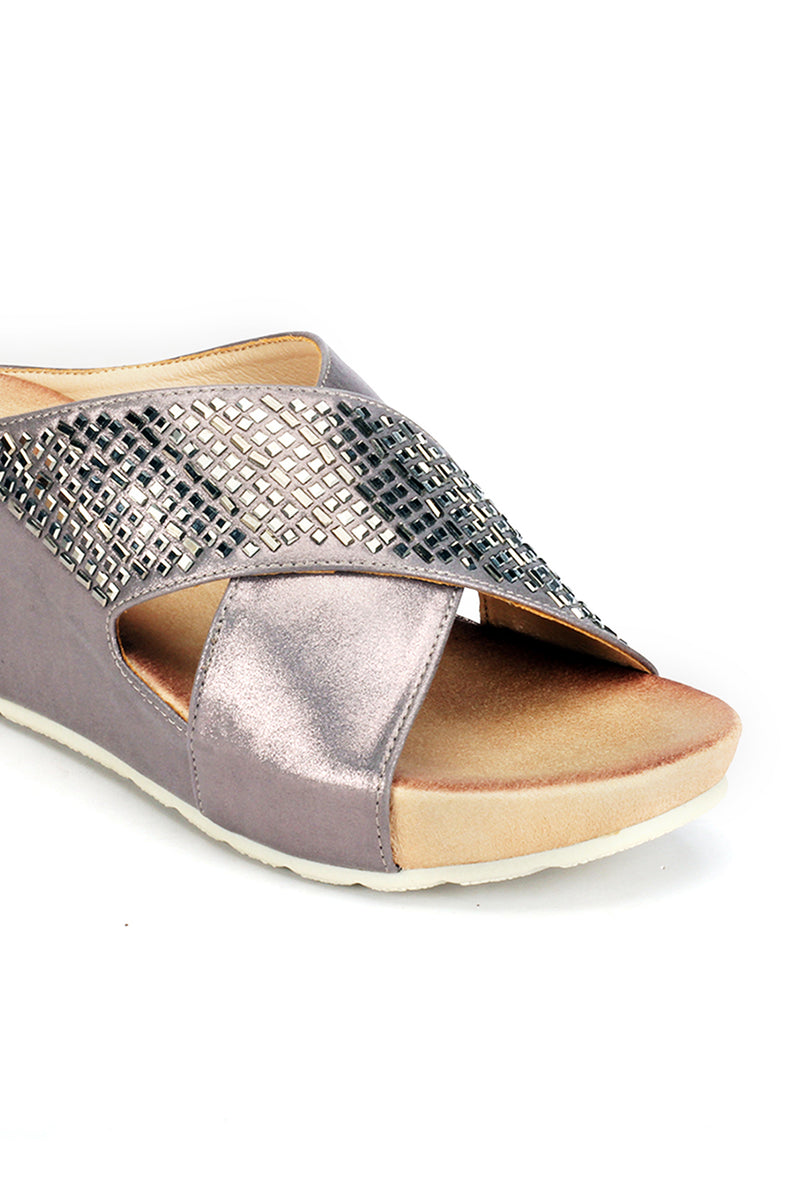 Jewel Embellished Mule Wedges for Women-Pewter - Mules - Pavers England