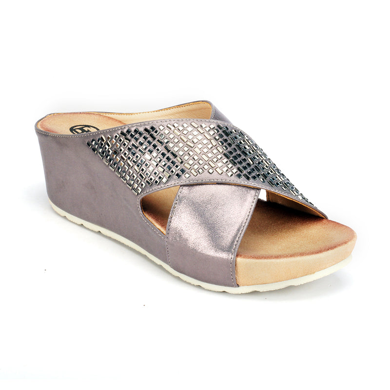 Jewel Embellished Mule Wedges for Women-Pewter - Mules - Pavers England