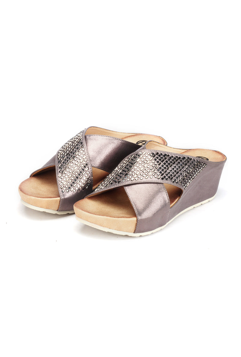 Jewel Embellished Mule Wedges for Women-Pewter - Mules - Pavers England