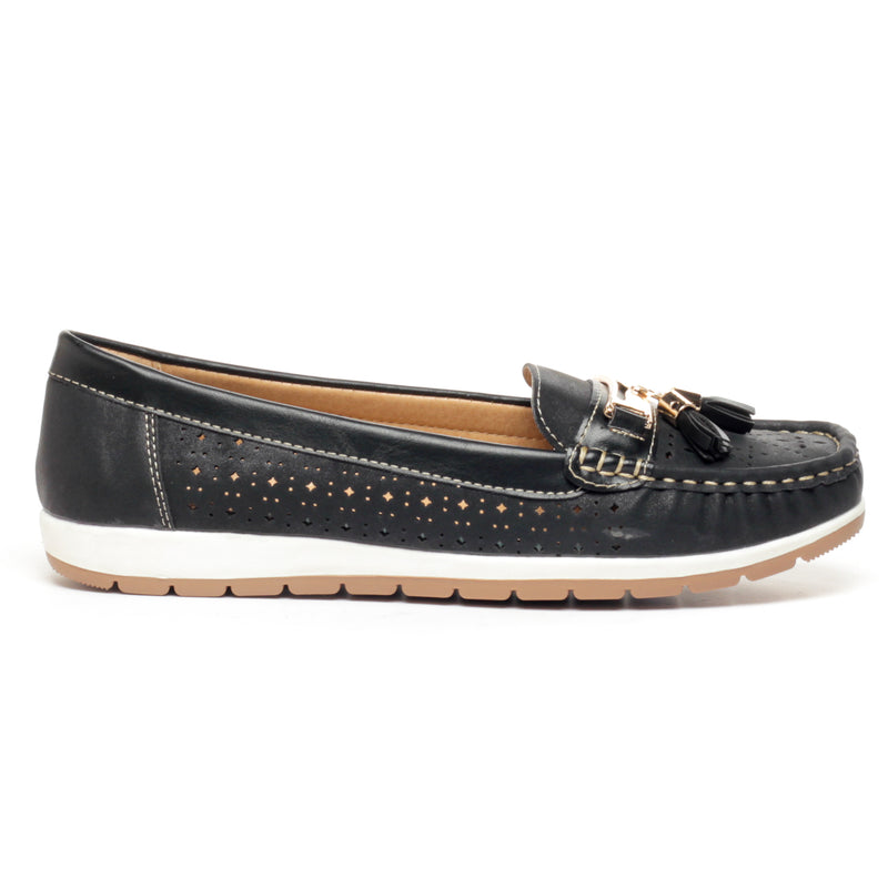 Laser Cut & Sew Loafers for Women-Black - Full Shoes - Pavers England
