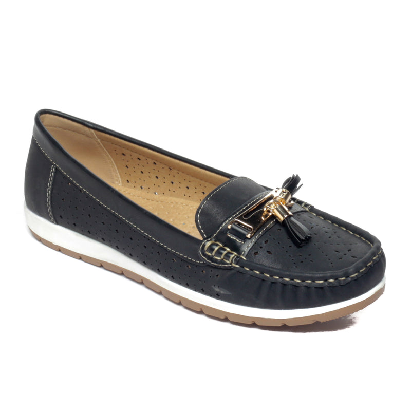 Laser Cut & Sew Loafers for Women-Black - Full Shoes - Pavers England