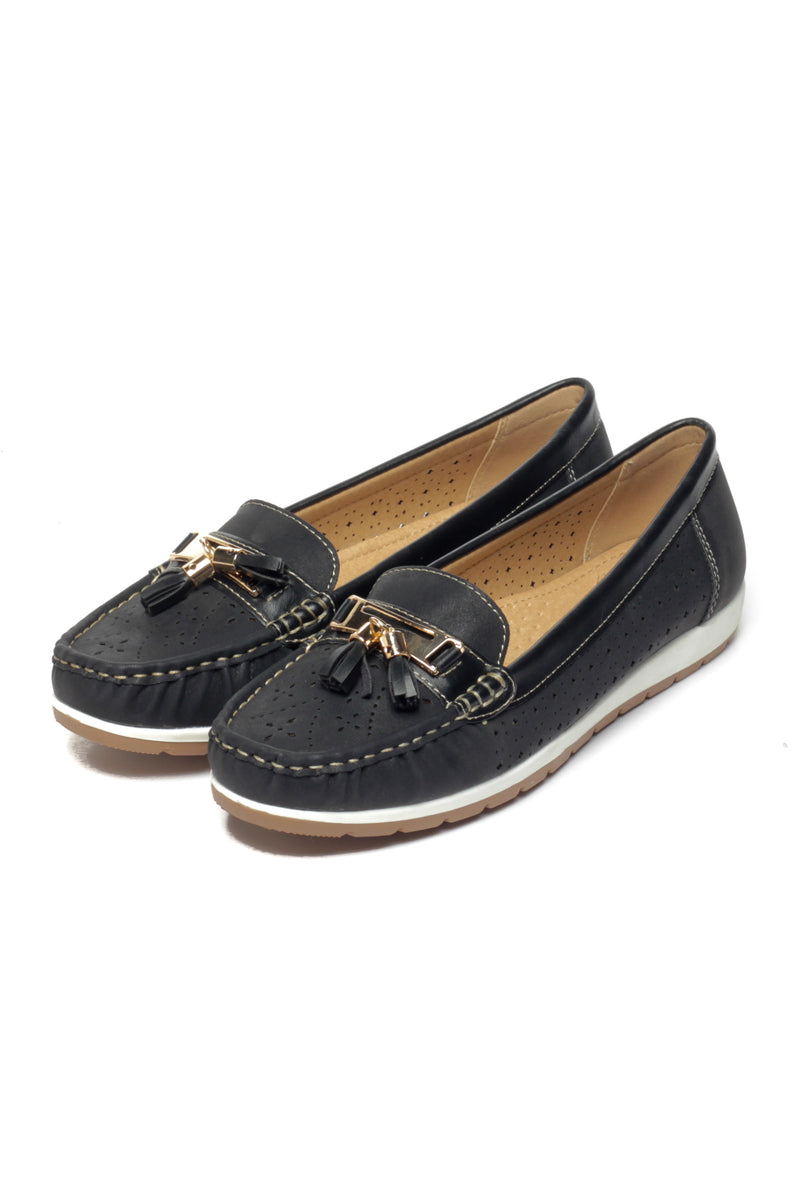 Laser Cut & Sew Loafers for Women-Black - Full Shoes - Pavers England