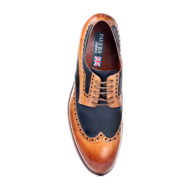 Men's Brogue Shoe - Tan Navy - Laced Shoes - Pavers England