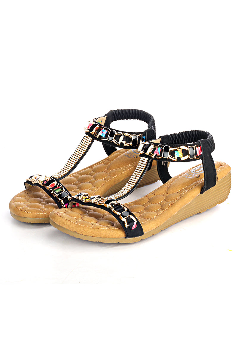 T-Strap Wedge Sandals for Women-Black - Sandals - Pavers England