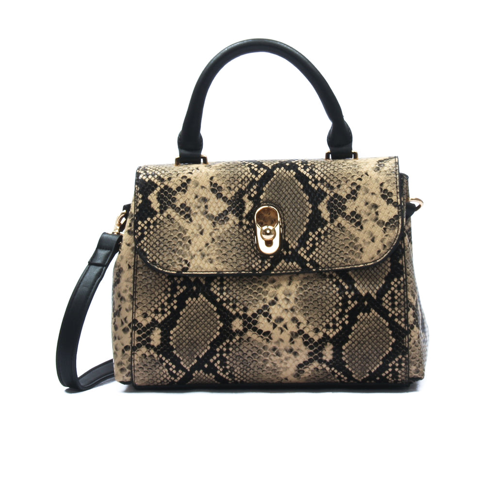 Gucci Beige & Brown Snakeskin Leather Bag With Black Bamboo Top Handles  Gucci